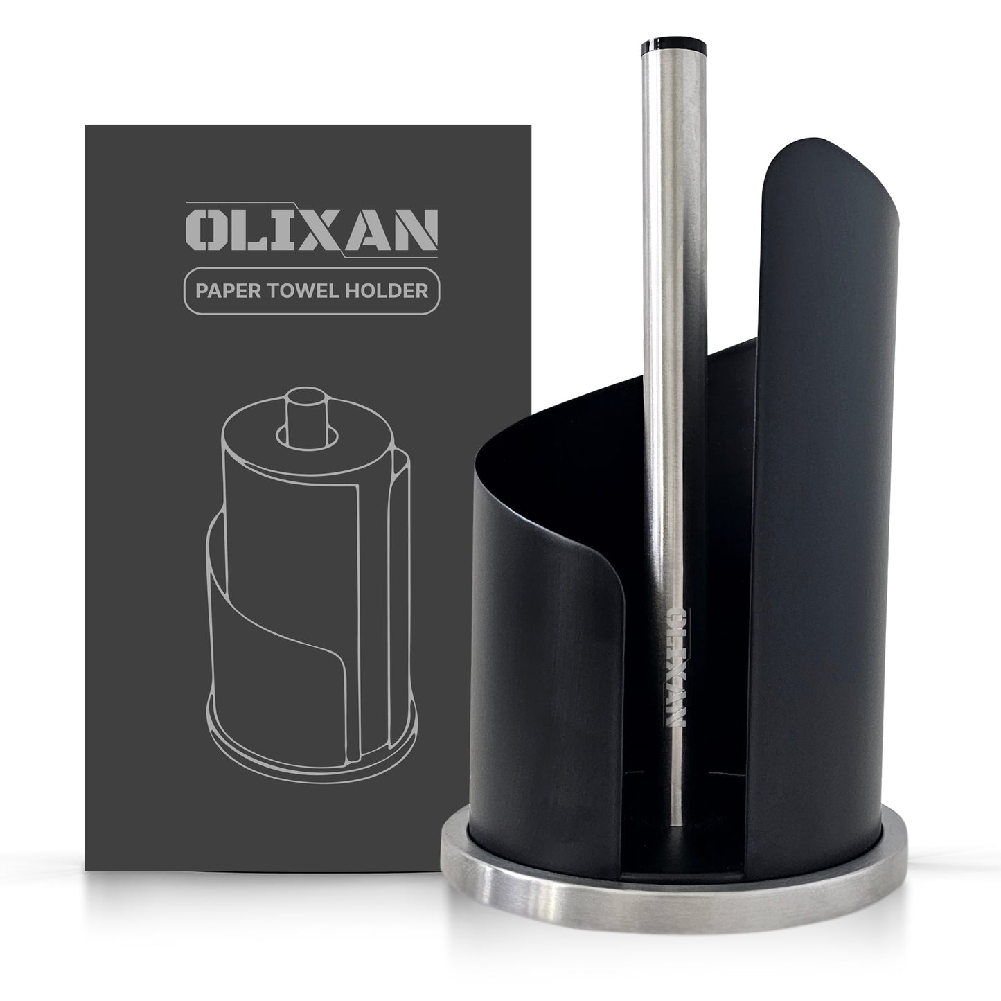 OLIXAN,Stainless Steel Paper Towel Holder Countertop, Modern Spiral Cover Design,Keep Paper Towel Clean,Weighted Base for Stability, Freestanding Easy One-Handed Operation for Kitchen Bathroom (Black)