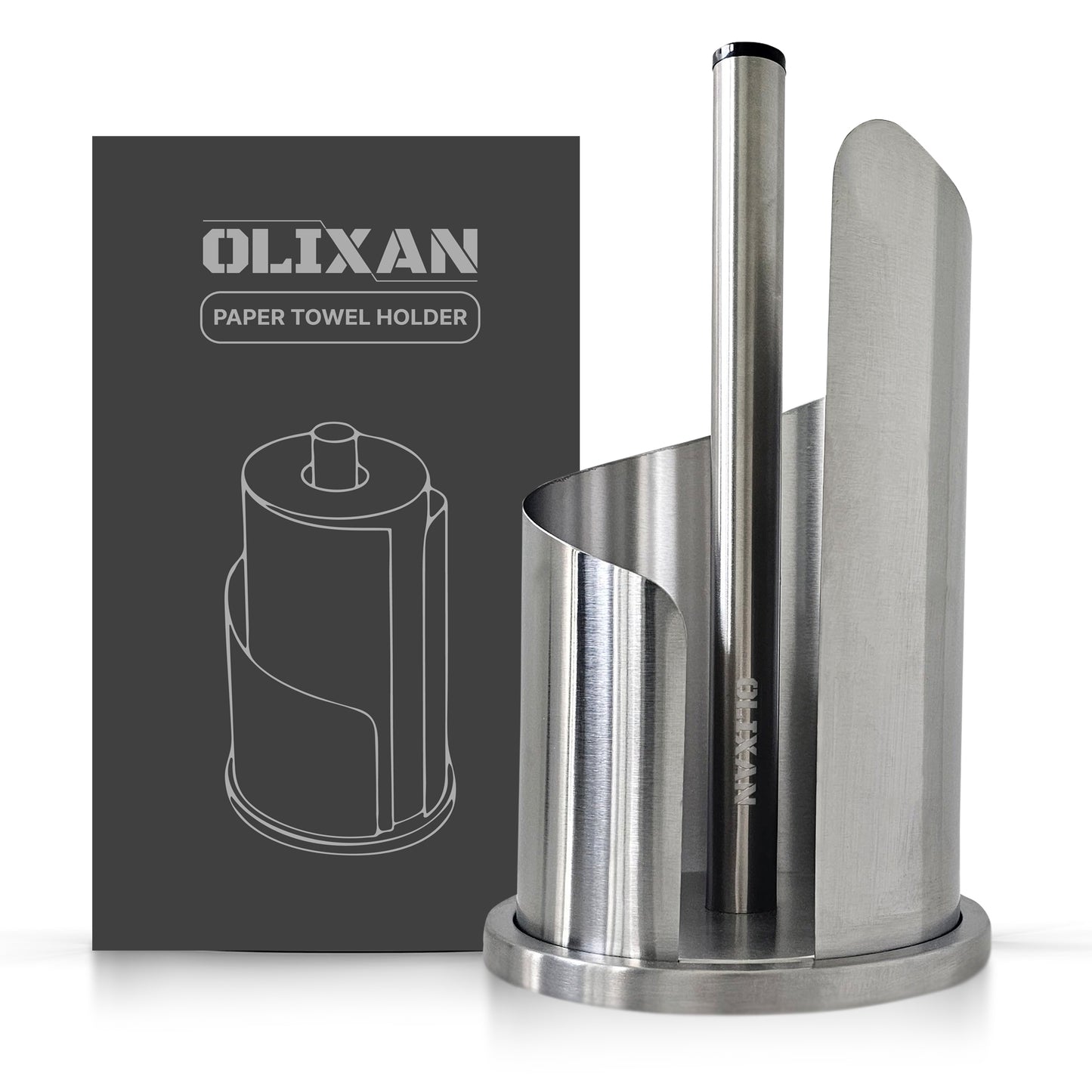 OLIXAN,Stainless Steel Paper Towel Holder Countertop, Modern Spiral Cover Design,Keep Paper Towel Clean,Weighted Base for Stability, Freestanding Easy One-Handed Operation for Kitchen Bathroom,Silver