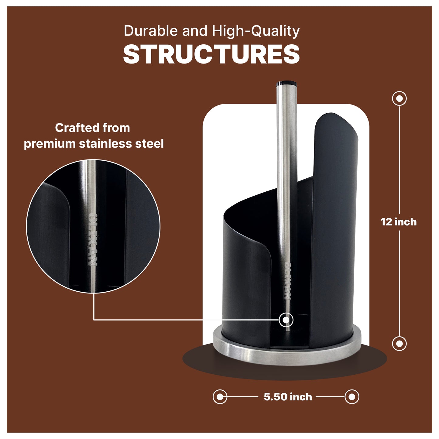 OLIXAN,Stainless Steel Paper Towel Holder Countertop, Modern Spiral Cover Design,Keep Paper Towel Clean,Weighted Base for Stability, Freestanding Easy One-Handed Operation for Kitchen Bathroom (Black)