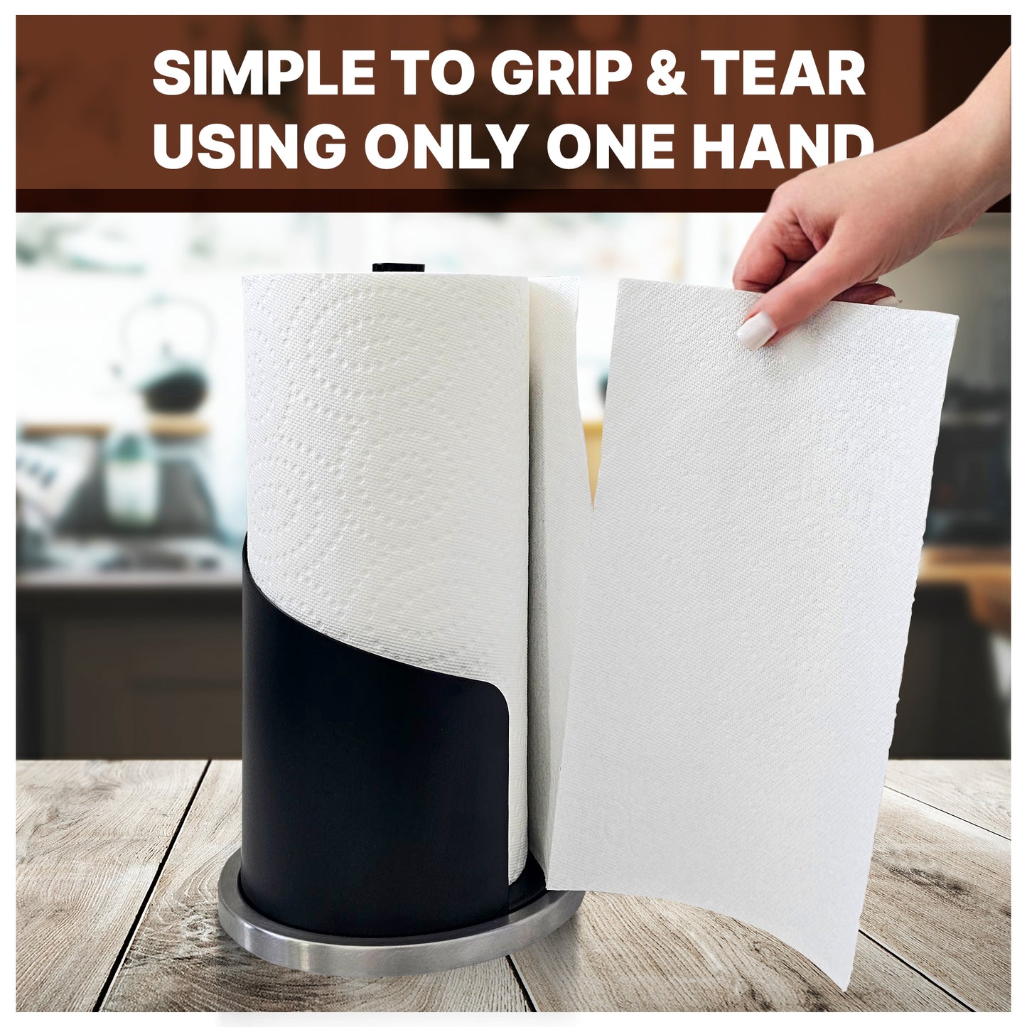 OLIXAN,Stainless Steel Paper Towel Holder Countertop, Modern Spiral Cover Design,Keep Paper Towel Clean,Weighted Base for Stability, Freestanding Easy One-Handed Operation for Kitchen Bathroom (Black)