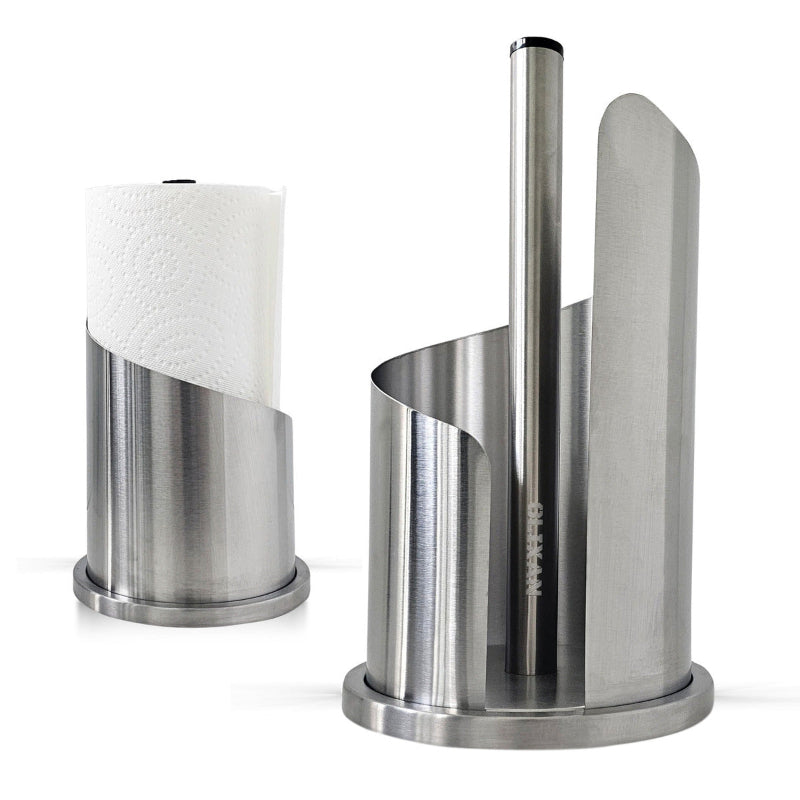 OLIXAN,Stainless Steel Paper Towel Holder Countertop, Modern Spiral Cover Design,Keep Paper Towel Clean,Weighted Base for Stability, Freestanding Easy One-Handed Operation for Kitchen Bathroom,Silver
