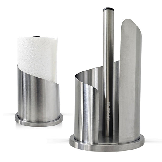 OLIXAN,Stainless Steel Paper Towel Holder Countertop, Modern Spiral Cover Design,Keep Paper Towel Clean,Weighted Base for Stability, Freestanding Easy One-Handed Operation for Kitchen Bathroom,Silver